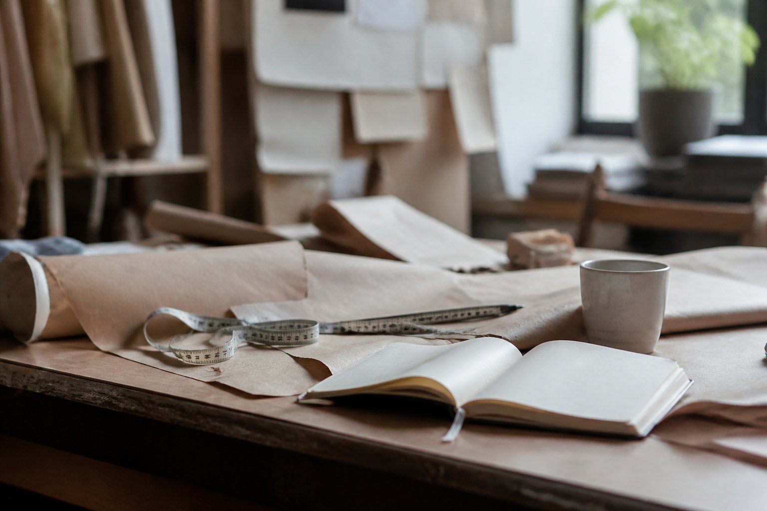 Table de travail couverte d’un mètre ruban, de chutes de papier kraft, d’un carnet ouvert et d’une tasse