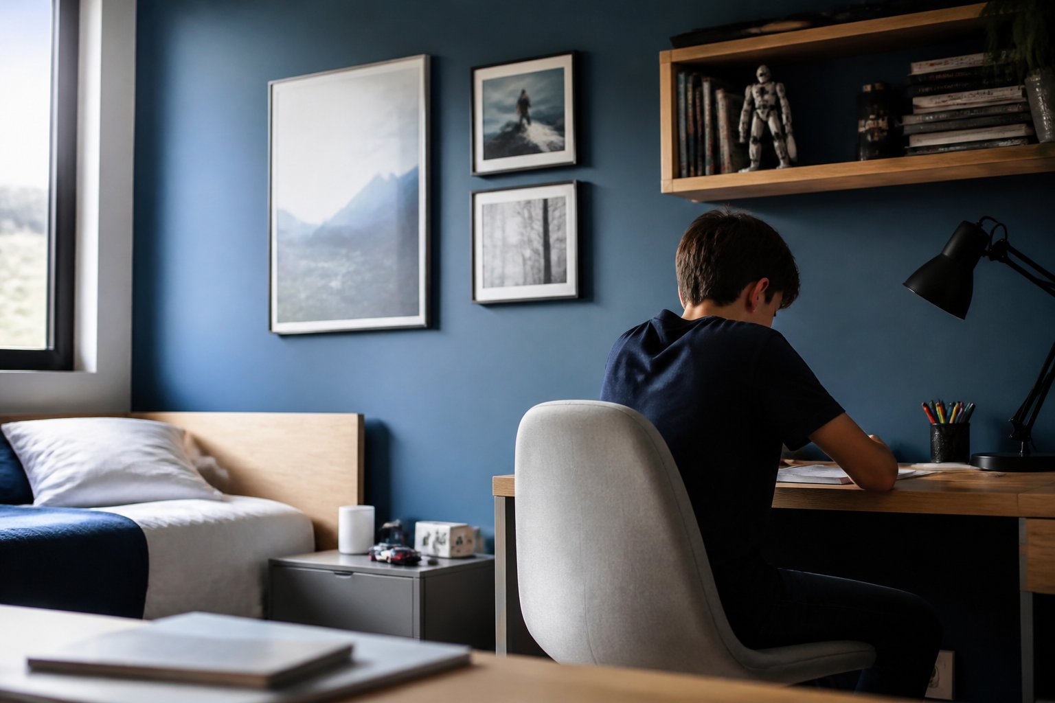 Chambre d’adolescent avec bureau en bois clair, étagère murale et affiches encadrées sur un mur bleu profond