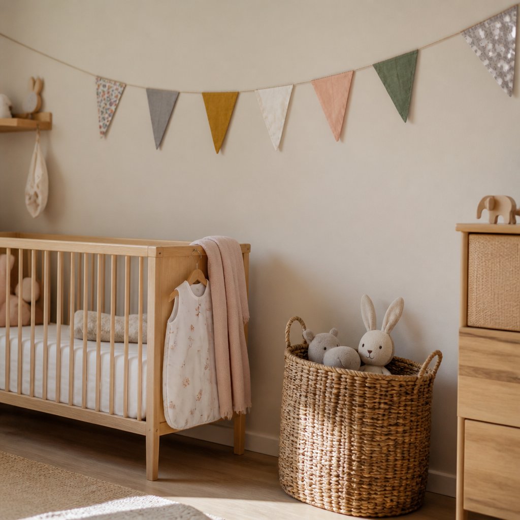 Chambre de bébé aux murs beiges avec lit à barreaux, panier de rangement en fibre et guirlande de fanions en tissu tendue au mur