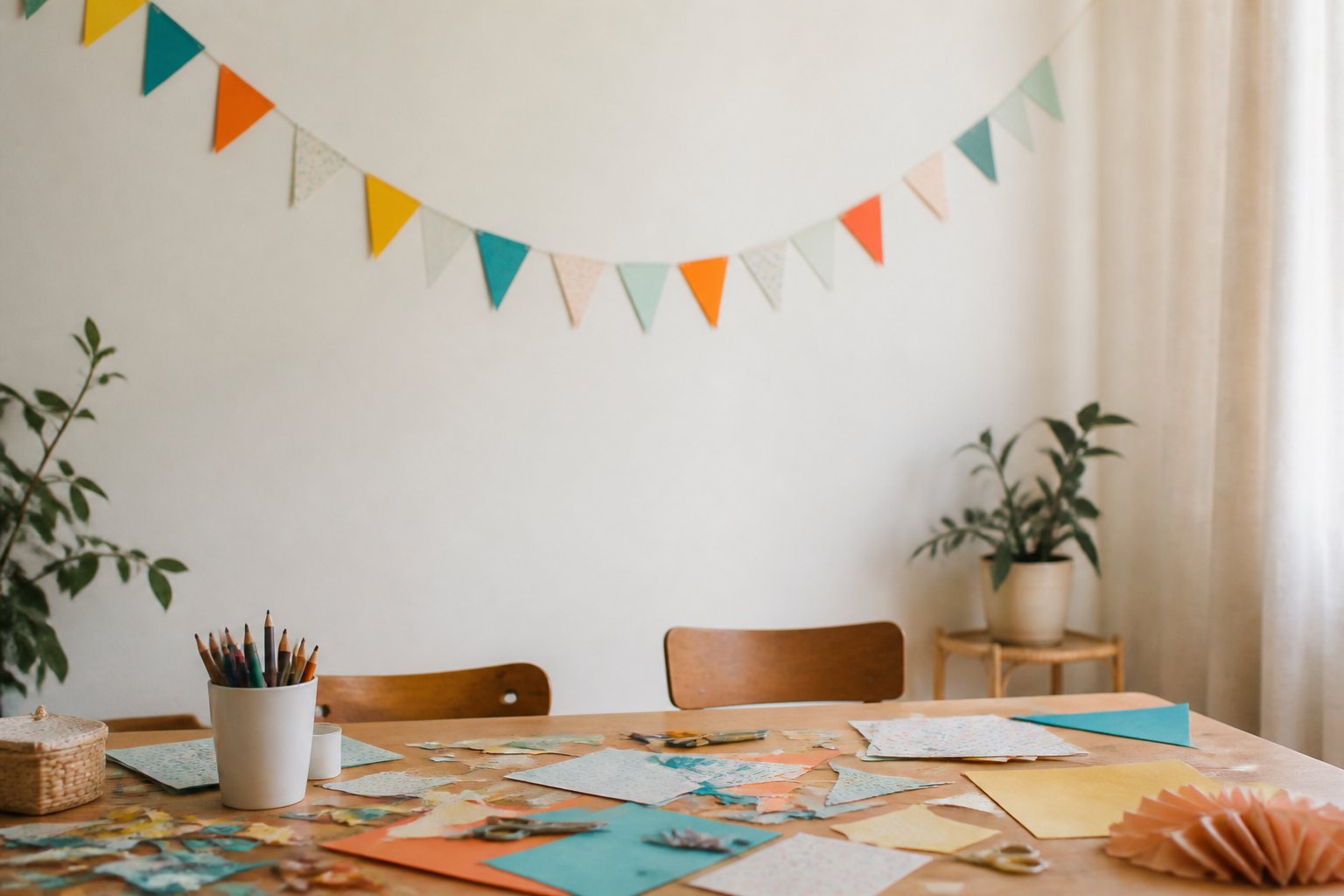 Guirlande de fanions en papier coloré tendue au-dessus d’une table d’enfants couverte de chutes de papier