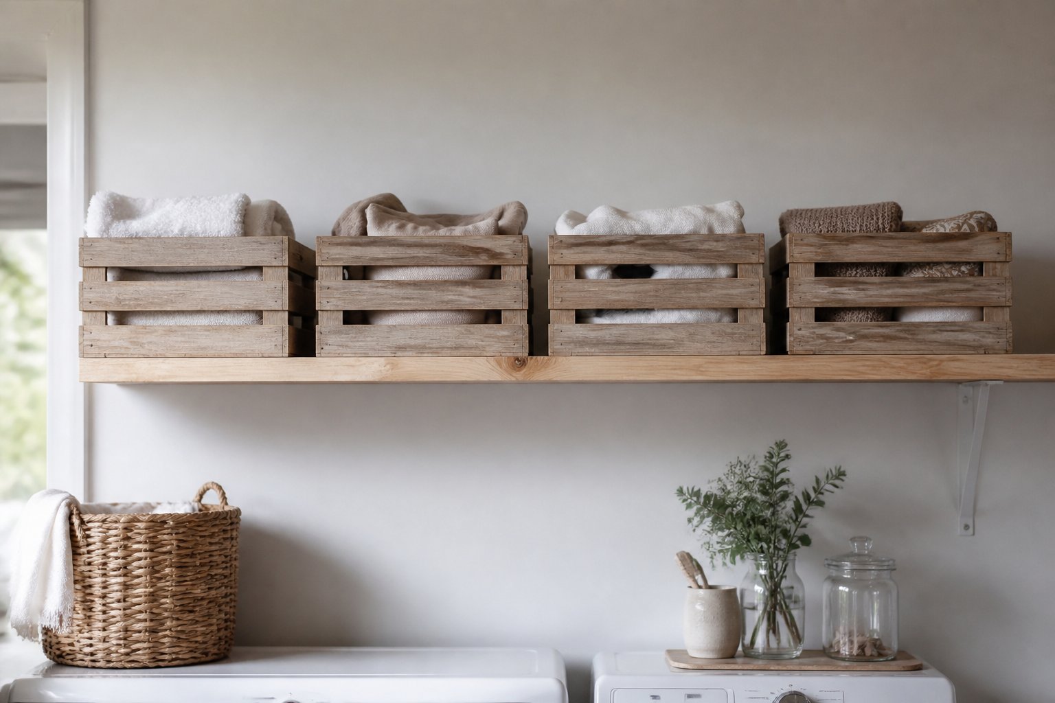 Étagère de buanderie portant quatre caisses en bois étiquetées à la main, alignées et remplies à moitié