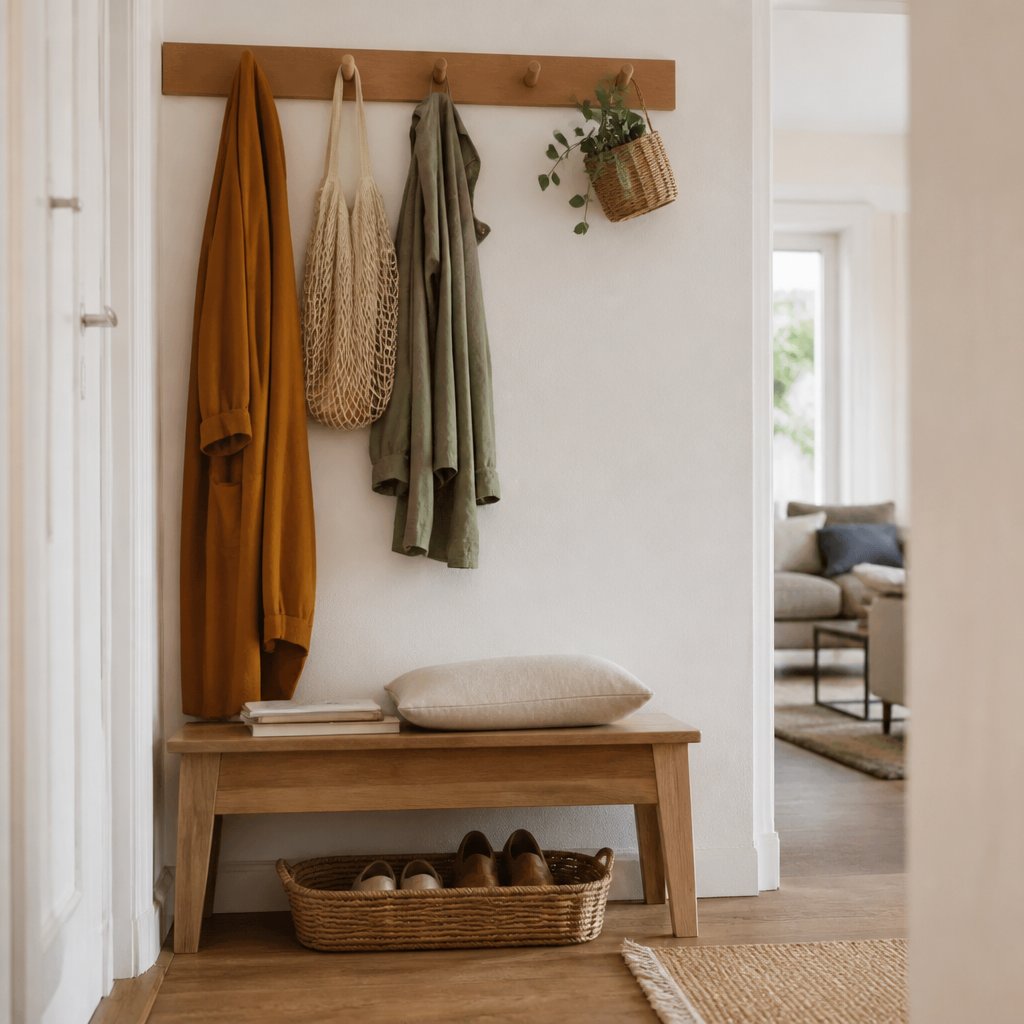 Entrée d’appartement avec patères en bois, banc bas et panier à chaussures glissé dessous