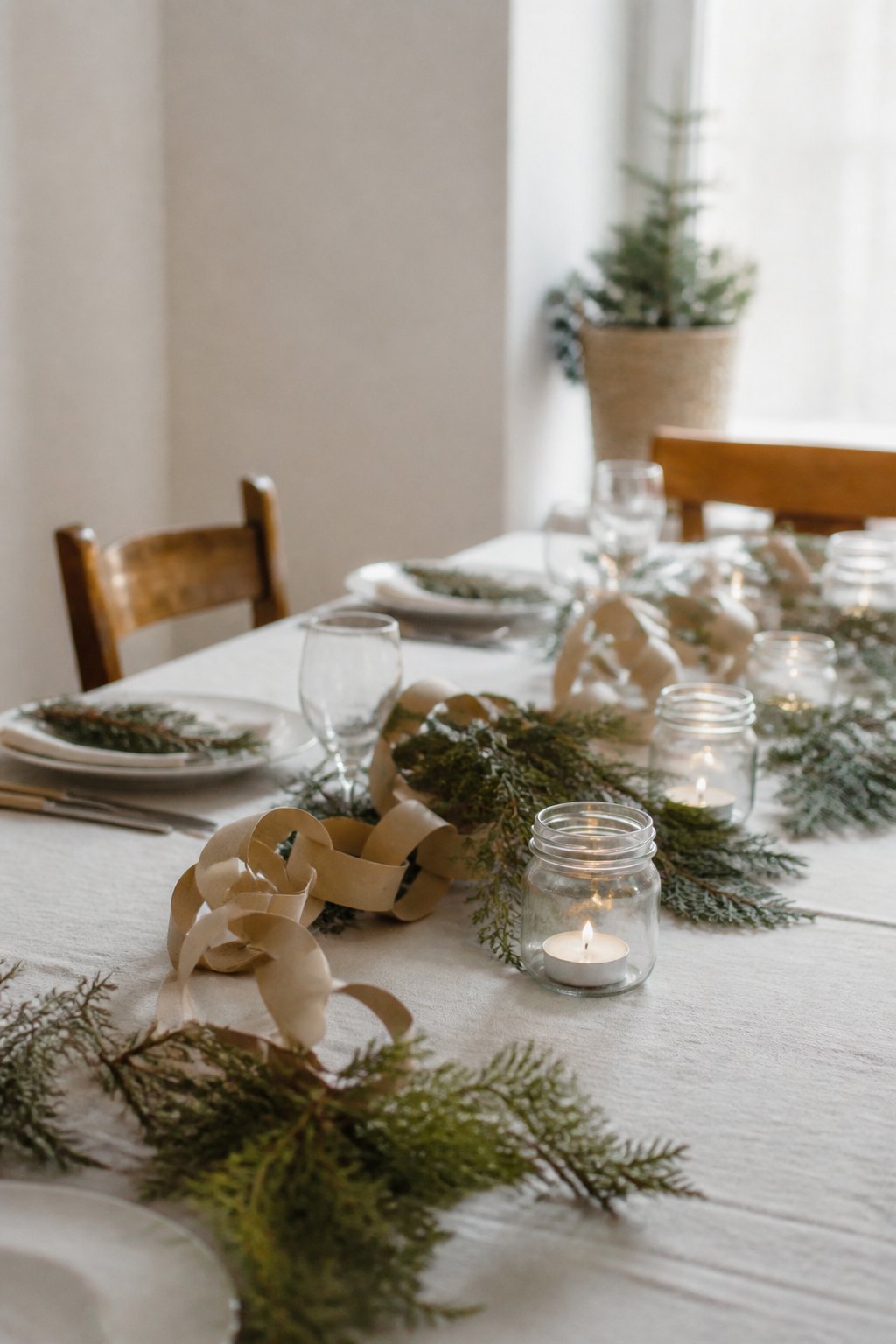 Table de fête dressée avec des photophores en bocal, une guirlande de papier kraft et des branchages posés sur la nappe